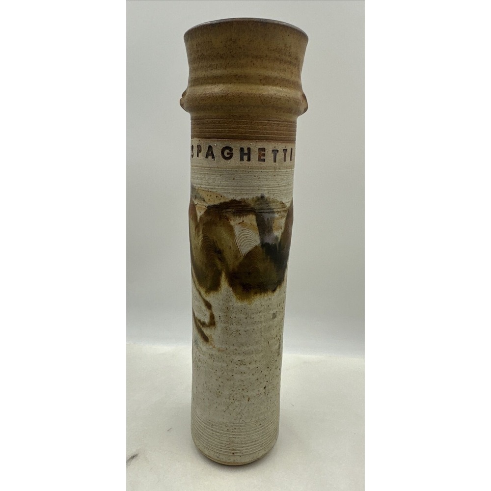 VTG Pottery Vase Stoneware SpAGHETTI  Earthtone Glaze Rustic Farmhouse Signed